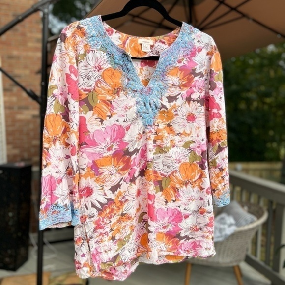 Sundance Cotton Floral Tunic Top with Embroidery Finish - Picture 2 of 13